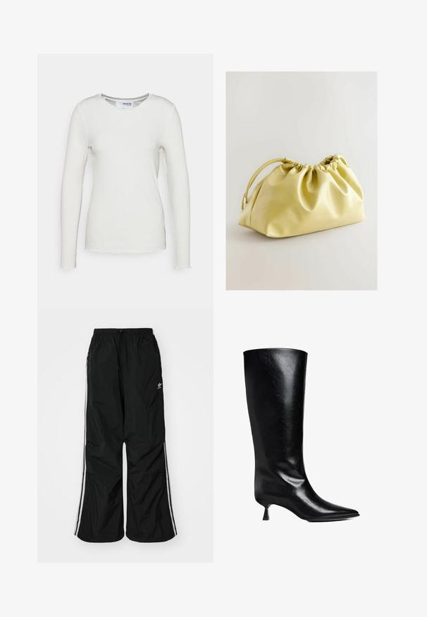 Langærmet hvid ribbet top med rund halsudskæring, der har rå kantdetaljer og en tætsiddende silhuet. Fremstillet af blødt stof.; Sorte vindjakke-bukser med elastisk talje, snøre, hvide side-striber, løs pasform og en lille logo på venstre side.; Sort læderknæhøje støvler med spidse tæer, slank silhuet og en lav blokhæl med en blank finish.; Next Clutches - yellow