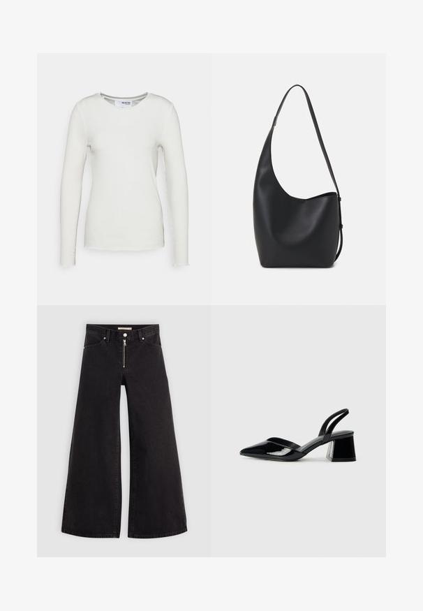 Ilga rankovė balta raukšlėta palaidinė su apvaliomis iškirptėmis, pasižyminti nebaigtu kraštu ir prigludusia siluetu. Pagaminta iš minkštos medžiagos.; Plačios kojų džinsai iš juodo džinsinio audinio su užtrauktuku priekyje, penkių kišenių dizainu ir subtiliais siuvinėjimo akcentais. Lygus paviršius ir laisvalaikio stilius.; Juodos lakuotos odinės šlepetės su smailiu pirštu ir geometriniu bloko kulnu. Turi elegantišką, minimalistinį dizainą ir lygų paviršių.; Juodas odinis hobo maišas su lygiu paviršiumi, kreipta forma ir viena reguliuojama rankena; turi platų atidarymą viršuje.