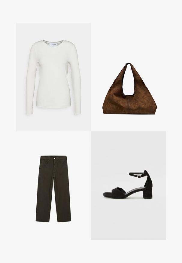 Bílé dlouhé rukávy ribkované tričko s kulatým výstřihem, s detaily na okrajích s drsným zakončením a přiléhavým střihem. Vyrobeno z jemné tkaniny.; Tmavě zelené široké džínsy vyrobené z bavlněné směsi, s předním zapínáním na knoflík, pěti kapsami a klasickým denimovým stehem.; Černé sametové sandály na podpatku s tenkým řemínkem kolem kotníku, otevřenou špičkou a skromným blokovým podpatkem. Hladká textura a minimální akcenty.; Hnědá semišová taška přes rameno s otevřeným vrchem. Disponuje hlubokým a širokým tělem, vyřezávaným držadlem a minimálním prošíváním pro čistý design.