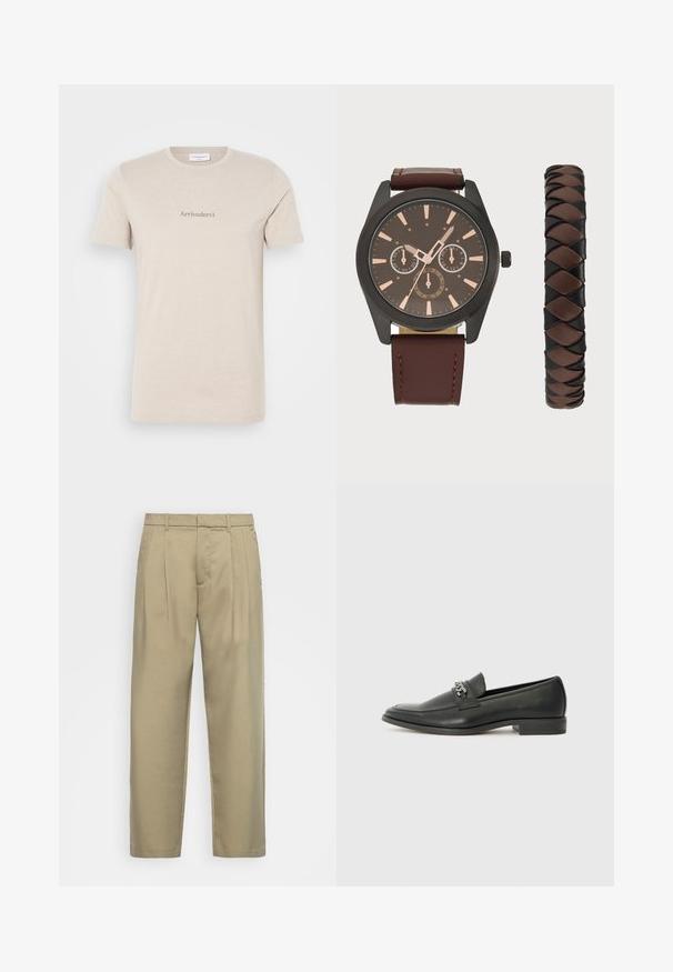 Beige short-sleeve t-shirt made of soft cotton, featuring a subtle "Arrivederci" print in gray on the front, classic crew neckline.; Beige, high-waisted trousers with a straight cut, featuring a flat front, side pockets, and a smooth, textured fabric.; Black leather loafer with a smooth finish, featuring a stitched design and a decorative metal chain accent across the vamp. Flat heel.; Pier One SET - Watch - black/brown