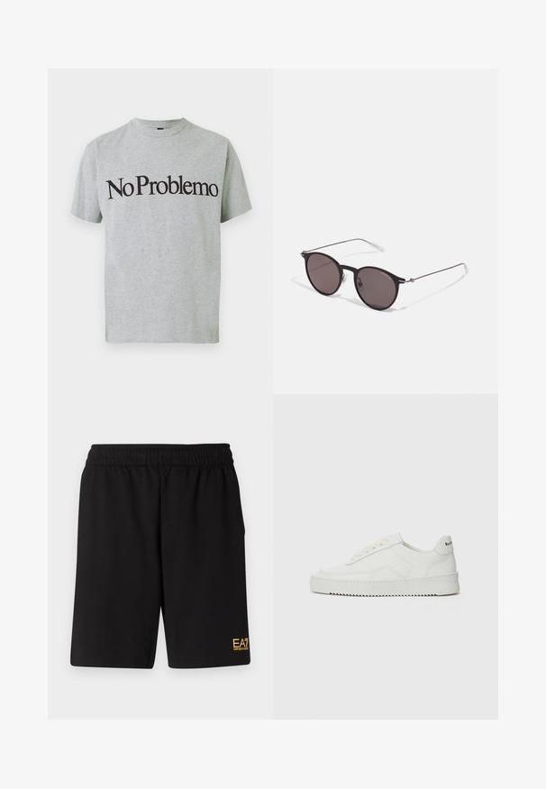 Hallitusest puuvillane t-särk, lühikeste varrukatega ja ümmarguse kaelusega, mille esiosas on silmatorkavalt kirjas must tekst "No Problemo".; Mustad mustad lühikesed püksid, mis on valmistatud pehmest kangast. Omavad elastset vöökohta ja väikest kollast EA7 logo vasakul jalal.; Valge nahast tennis, millel on sile põhi, ümar varvas, lamedad nöörid ja tekstuuriline tall. Sisaldab diskreetset logo kontsaribal.; Mustad mustad prillid tumedate läätsedega ja õhukeste metallist käepidemetega. Kaarja kujuga seljaosa ja hõbedased aktsendid hingel. Minimalistlik disain.