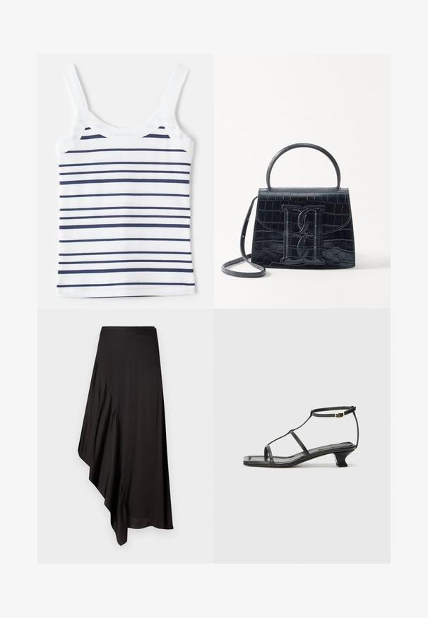 Dryžuota liemenėle su baltais ir tamsiai mėlynais horizontaliais dryžiais, pagaminta iš raštuoto audinio. Ji turi plačias petnešas ir apvalią iškirptę.; AERON ASTER SKIRT - Pieštukinis sijonas - black; Juodas odinis sandalai su kvadratiniu pirštu, plonomis dirželiais, reguliuojamu kulkšnies dirželiu ir žemu kulnu. Yra nedidelis aukso akcentas ant dirželio.; Juodas krokodilo rašto odinis rankinės krepšys su struktūruotu dizainu, viršutine rankena, reguliuojamu dirželiu ir išsiskiriančiu priekinio logo detale.