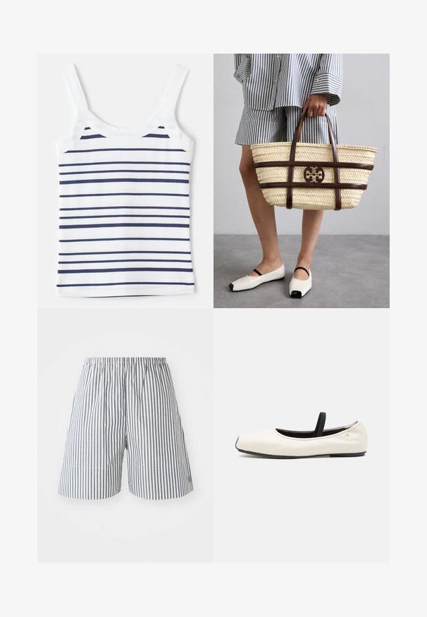 Striped tank top featuring white and navy horizontal stripes, made from a ribbed fabric. Includes wide straps and a rounded neckline.; Striped shorts in navy and white cotton, featuring an elastic waistband and a relaxed fit. Mid-thigh length with subtle stitching details.; Flat ballet shoe in white leather with a rounded toe, black elastic strap, and small gold emblem near the heel. Soft texture and minimalist design.; Woven straw tote bag with brown leather accents and handles. Features a cutout logo and contrasting horizontal bands.