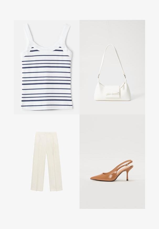 Pruhovaný tílko s bílými a námořnickými horizontálními proužky, vyrobené z žebrované tkaniny. zahrnuje široké ramínka a zaoblený výstřih.; Kalhoty s širokými nohavicemi v světle krémové barvě. Vyrobené z hladké tkaniny s záhyby vpředu a bočními kapsami.; Sandy poprsko s úzkým podpatkem v hladkém, lesklém odstínu tan. Obsahuje zakřivený design s výřezem a štíhlý jehlový podpatek. Detail se stříbrnou sponou.; Bílá syntetická kabelka v trojúhelníkovém tvaru, s plochým předním klopným víkem a detailem mašle, nastavitelným popruhem, hladkým povrchem a minimalistickým designem.