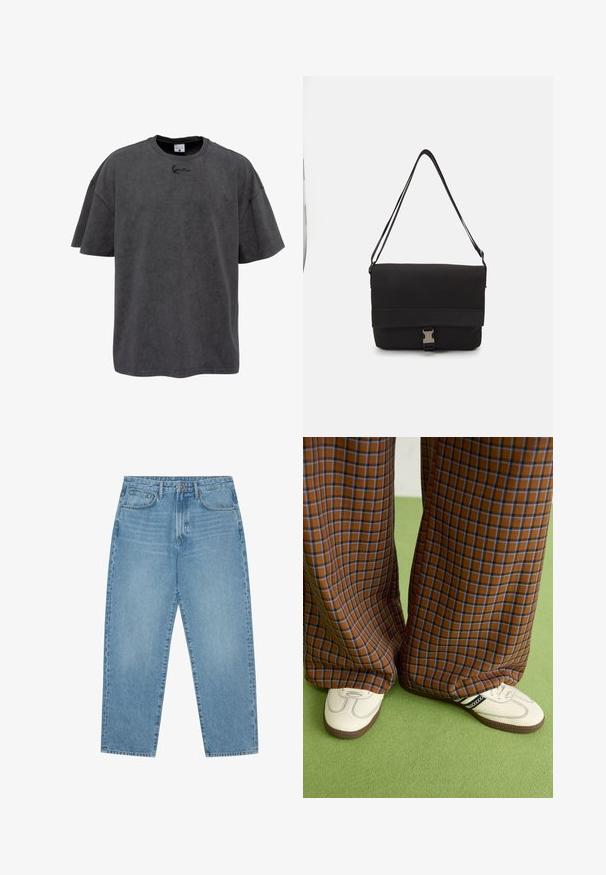 Szürke, oversized, pamut keverékből készült póló, kerek nyakkal és rövid ujjakkal. Diszkrét hímezett logó található a mellkasán.; Világoskék farmer széles szárú nadrág magas derékkal, öt zsebből, övhurkokkal és puha, enyhén fakó textúrával.; Barna és kék kockás, bőrt lábú nadrág, fehér cipővel, fekete részletekkel és texturált talppal, zöld háttér előtt.; Fekete üzenetküldő táska sima anyagból, hajtókás fedéllel, ezüst csattal és állítható vállpánttal.