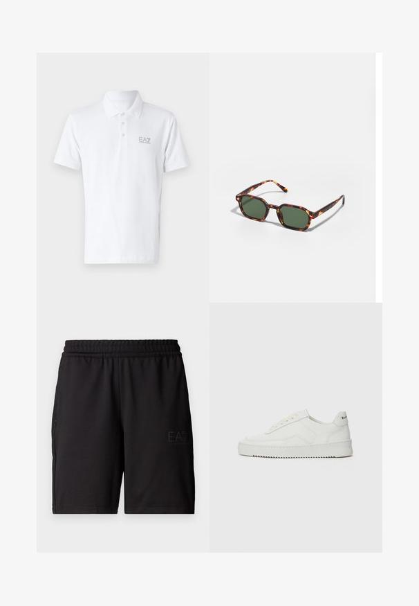 Fehér pólóing pamutból. Klasszikus gallérral, három gombos rákontrázással és világosszürke EA7 logóval a mellkason. Rövid ujjak.; Fekete sportnadrág könnyű anyagból, rugalmas derékkal és hálós oldalsó panelek. Márkájának logója az elülső részen található.; Fehér bőr sportcipő sima felülettel, kerek orral, lapos fűzőkkel és texturált talppal. Finom logó található a sarokon.; Tortoise mintás napszemüveg zöld lencsékkel, nyolcszögletű kialakítással és vékony, ívelt karokkal. Az anyag fényes felületű.