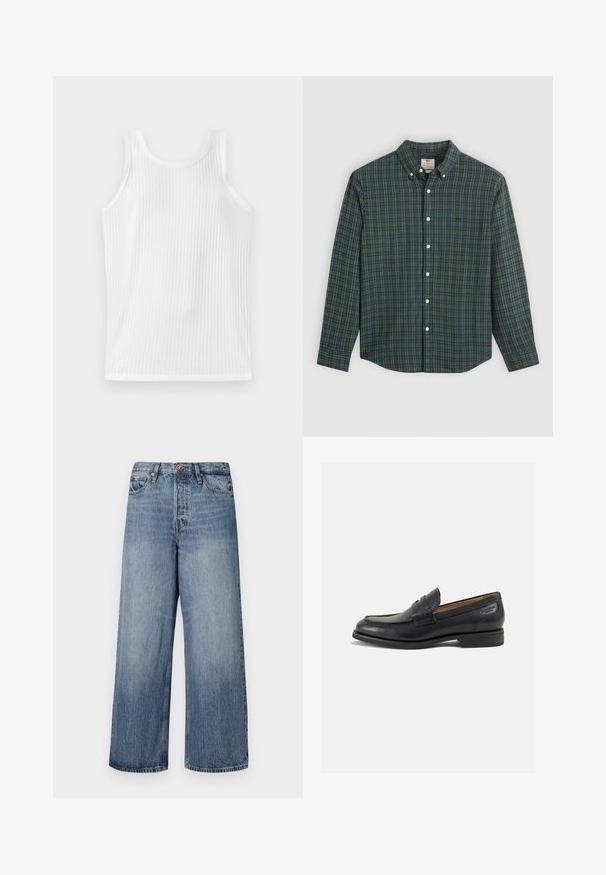 Weißes, geripptes Tanktop mit rundem Ausschnitt, ohne Ärmel und enganliegendem Design. Der Stoff zeigt ein dezentes vertikales Muster.; Langarm-Hemd mit grün-blau-gelbem Karomuster, weißen Knöpfen und einem geknöpften Kragen.; Weite blaue Denim-Jeans mit einer ausgewaschenen Optik, Fünf-Taschen-Design und einer Knopfverschluss. Ausgestattet mit Gürtelschlaufen und gestickten Details.; Schwarze Leder Slipper mit glatter Oberfläche, runder Spitze und dekorativer Naht auf dem Vorderblatt. Niedriger Blockabsatz und leichter Glanz.