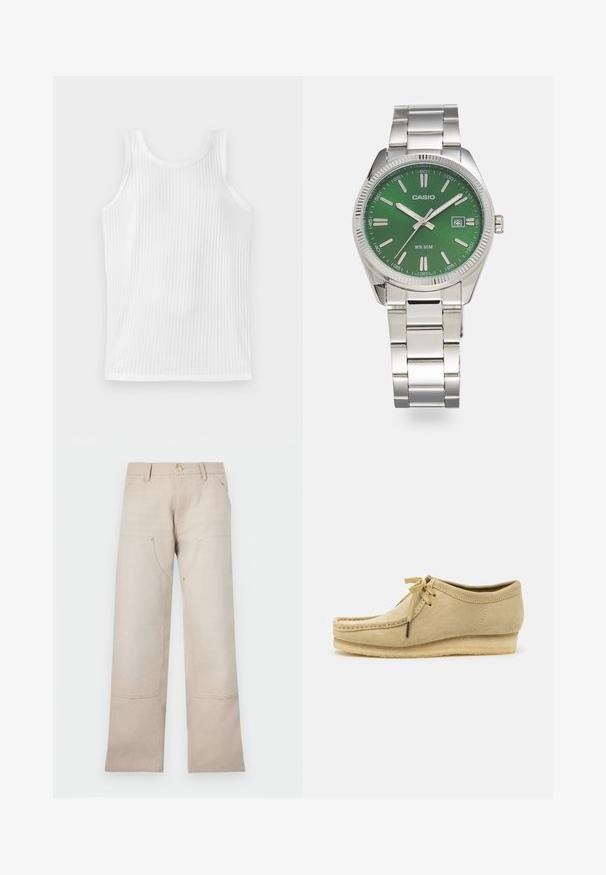 Camiseta de tirantes blanca con escote redondeado, sin mangas y un diseño ajustado. La tela muestra un sutil patrón vertical.; Pantalones de algodón beige con un diseño de pierna recta, que cuentan con dos bolsillos frontales y dos detalles con cremallera. Destacados herrajes en tono dorado.; Zapato de ante beige con diseño de cordones, detalles cosidos y suela de goma. La forma es casual con un ligero tacón en cuña.; Reloj de acero inoxidable plateado con un dial verde redondo, marcadores de hora plateados, indicador de fecha y una pulsera de eslabones de metal. Resistente al agua hasta 50 metros.