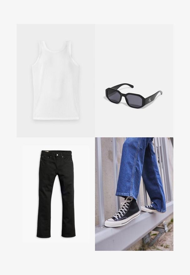 Top tank bianco a coste con scollatura rotonda, privo di maniche e design aderente. Il tessuto presenta un discreto motivo verticale.; Jeans in denim nero con design a gamba dritta, cinque tasche, chiusura con bottone metallico e dettagli di cucitura sottili. Tessuto liscio e colore solido.; Scarpe da ginnastica nere alte con suola e lacci bianchi, abbinate a jeans di denim blu larghi, appoggiate su un parapetto grigio.; Occhiali da sole neri con montatura ottagonale, lenti scure, materiale plastico lucido e un accento con logo argento su un lato.