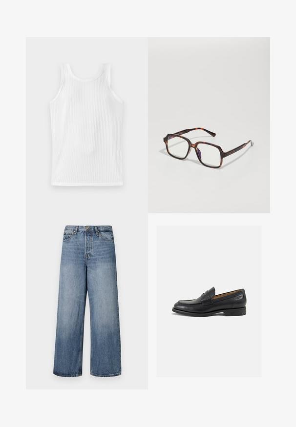Bela rebrasta majica brez rokavov z zaobljenim ovratnikom in prilegajočim se oblikovanjem. Tkanina prikazuje subtilen vertikalni vzorec.; Široke modre denim hlače s blago obrabljenim tonom, zasnovo s petimi žepe in z gumbom za zapiranje. Opremljene so z zankami za pas in šivanjem detajlov.; Črne usnjene loafers cipele z gladko površino, zaobljenim nosom in dekorativnim šivom na vampu. Nizek zloženi peti in rahla sijaj.; Želve barvne sončna očala s kvadratnimi okvirji, prozornimi lečami in tankimi ročaji, ki vsebujejo subtilno podrobnost logotipa. Mat in sijajna površina.