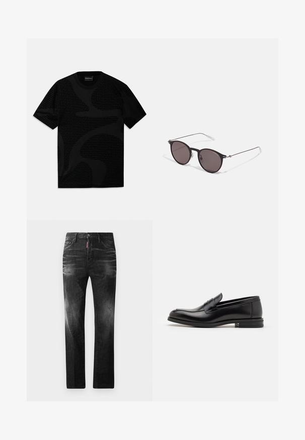 Čierne tričko s krátkym rukávom s textúrovaným vzorom prekrývajúcich sa tonálnych log. Hladká tkanina s klasickým výstrihom na krk.; Čierne denimové džínsy so štandardným strihom. Obsahujú vyblednuté oblasti, drobné opotrebenie, klasický dizajn s piatimi vreckami a zapínanie na gombík.; Čierne kožené mokasíny s hladkou textúrou, zaoblenou špičkou a dekoračným pásikom cez priehlavok. Nízky vrstvený opätok, minimalistický dizajn.; Čierne okrúhle slnečné okuliare s tmavými sklami a tenkými kovovými ramenami. Obsahujú priehľadné konce rámov a strieborné akcenty na pántoch. Minimalistický dizajn.
