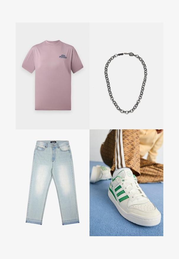 Světle růžové tričko s krátkým rukávem vyrobené z hladkého materiálu; na levé části hrudi má modrý grafický design. Kulatý výstřih.; Pegador BARROW - Volné džíny - sand washed blue; Bílé tenisky se zelenými pruhy, texturovaná kůže, perforovaný špičkový box a ploché tkaničky, umístěné na modrém texturovaném povrchu.; Kovový řetízek na krk s podlouhlými články v tmavé gunmetal barvě. Obsahuje geometrický akcent a zapínání s brandeovým detailem.