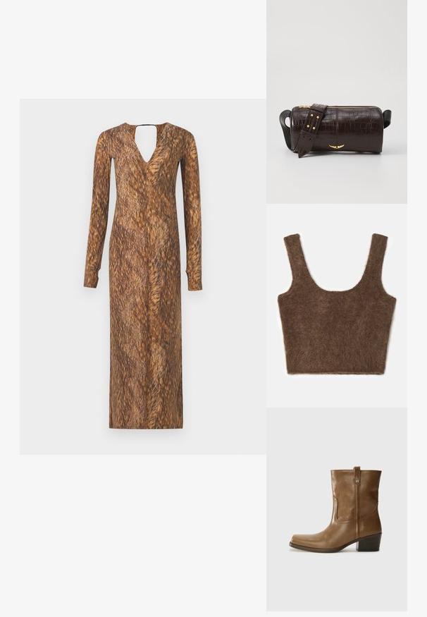 Braunes, flauschiges, tailliertes Tanktop mit breiten Schulterträgern und einem runden Ausschnitt. Weicher Stoff und schlichtes Design ohne Muster oder Verzierungen.; Langärmliges Kleid mit V-Ausschnitt und Ausschnitt auf der Rückseite, das eine fellartige braune Textur und Muster im gesamten Stoff aufweist.; Braune Leder-Ankle-Boots mit quadratischer Zehenform, strukturiertem Finish und niedrigem, gestapeltem Absatz. Ausgestattet mit einer Zuglasche auf der Rückseite und dezenten Stickdetails.; Braune, krokodilgeprägte Lederhandtasche mit zylindrischer Form, goldfarbener Hardware und einem abnehmbaren Tragegurt mit Nieten.