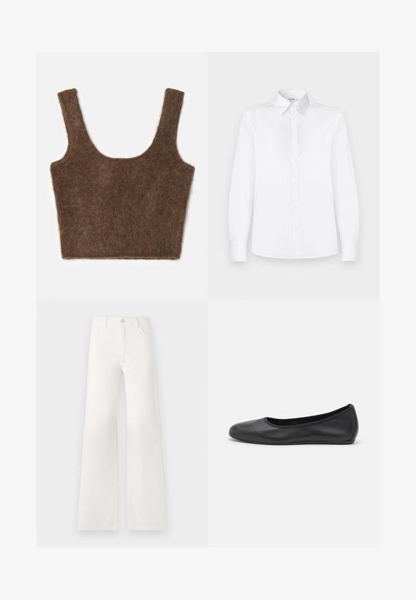 Brun, fluffy avkortet tanktop med brede skulderstropper og rund halslinning. Myk tekstur og enkel design uten mønstre eller dekorasjoner.; Hvit langermet skjorte laget av glat stoff, med kragehals og knapplukking foran med lyse rosa knapper.; Hvite, høyt liv brede ben jeans laget av denim. Har knappelukking, to frontlommer og sidesømmer med sømdetaljer.; Svart skinnballettflatt med rund tå, glatt tekstur, minimal sømdetalj, og et fleksibelt såledesign.