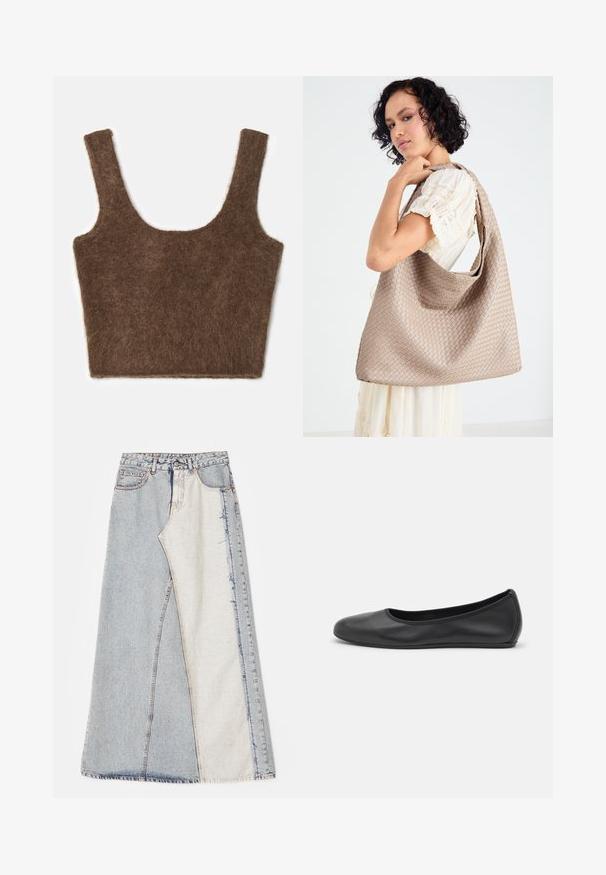 Hnědý, chlupatý zkrácený top s širokými ramínky a zaobleným výstřihem. Měkká textura a jednoduchý design bez vzorů nebo ozdob.; Džínová sukně s patchwork vzorem obsahující světlé a středně modré části, roztrhané okraje a vysoký pas. Klasický pětikapsový styl.; Černé kožené baletní byty s kulatou špičkou, hladkou texturou, minimálními švy a flexibilním designem podrážky.; Woven béžová taška přes rameno s volným designem a jedním popruhem na rameno. Vyznačuje se texturovaným vzorem po celé ploše.