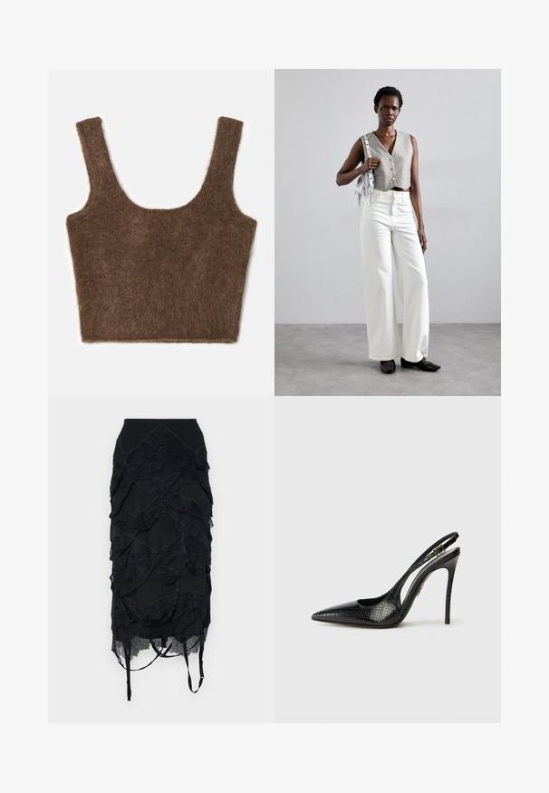 Brūns, pūkains, īss topiņš ar platām plecu siksnām un noapaļotu kakla līniju. Mīksta tekstūra un vienkāršs dizains bez raksta vai rotājumiem.; Melnā svārki ar slāņainiem mežģīņu akcentiem, pieguļošu jostas daļu un regulējamām siksnām. Dizainā ir iekļauta viļņota raksta elementa.; Melnas slingback kurpes ar smailu purngalu, teksturētu čūskas rakstu, stiletto papēdi un dekoratīvu sprādzi uz siksniņas.; Pelēks īss vests ar pogām, apvienots ar baltām platām biksēm un melniem plakanajiem apaviem. Aksesuārs - mazs sudraba frizētājs.