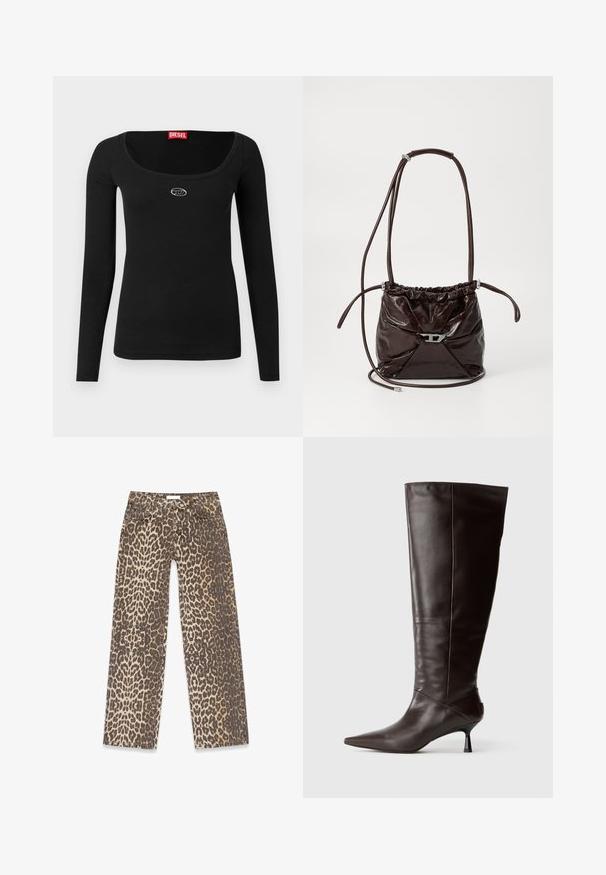 Čierny dlhý rukáv z rebrovanej tkaniny, s širokým výstrihom do „U“ a malým strieborným logom na hrudi. Hladká textúra.; Džínsy s leopardím vzorom v neutrálnej béžovo-hnedej farebnej palete, s rovnými nohavicami a tradičnými detailmi vreciek.; Hnedá kožená vysoká čižma po kolená s špicatou špičkou a štíhlým podpätkom. Hladká štruktúra a elegantný dizajn, ktorý má minimalistickú siluetu.; Tmavo hnedá lesklá kožená kabelka na rameno s naťahovacím vrchom a tenkým nastaviteľným popruhom, ktorá má na prednej strane malý strieborný uzáver.