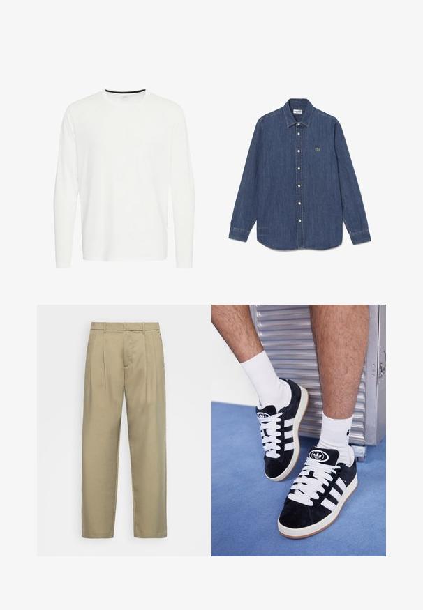 Langermet skjorte i hvit bomull, rund hals, og svart detalj ved kragen. Glatt tekstur, rett kant, ingen mønstre eller pynt.; Denimskjorte, mørkeblå, lange ermer, spiss krage, knappefront, med en liten grønn krokodille-logo. Kantene er litt buede.; Beige, høytlivs bukser med rett snitt, med flat front, sidelommer og et jevnt, strukturert stoff.; Sorte semskede sneakers med hvite lisser og tre hvite striper. Har en sirkulær svart logo på tungen og en såle av gummigummi.