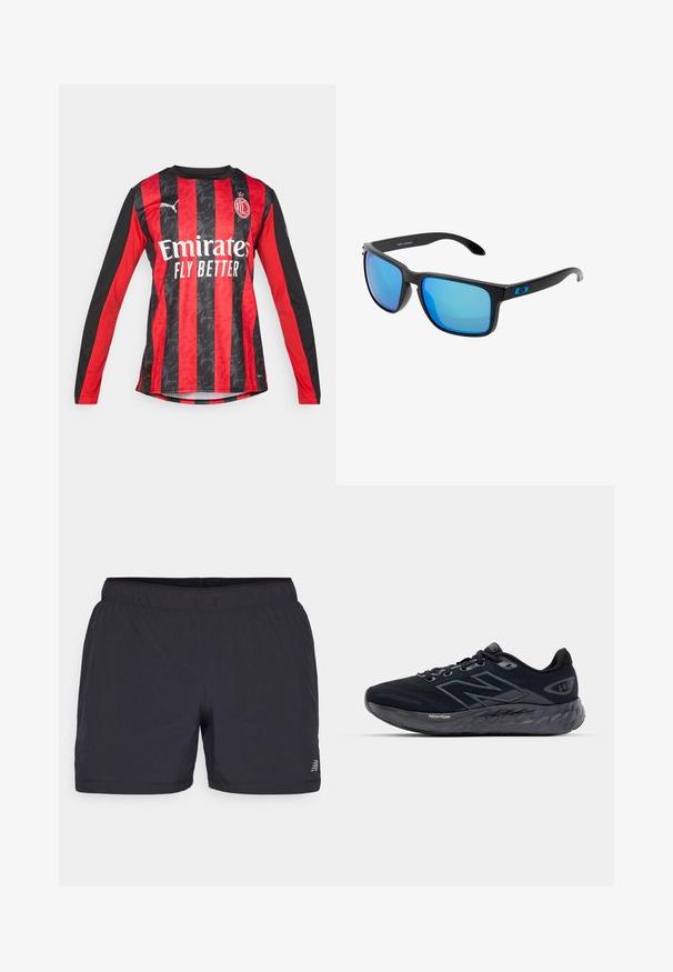 Maglietta da calcio a maniche lunghe rossa e nera con un design a strisce testurizzate, caratterizzata da un collo rotondo e logo frontale "Emirates Fly Better."; Pantaloni corti sportivi neri con una cintura elastica, in tessuto leggero e con un logo discreto sul lato sinistro in basso. Texture liscia.; Scarpe da corsa da uomo in rete nera con suola grigia spessa, texture circolare e dettagli riflettenti. Presenta il logo "New Balance" sul lato.; Occhiali da sole neri eleganti con lenti a specchio blu, montatura quadrata e dettaglio blu sulla tempia. Realizzati in materiale plastico leggero.