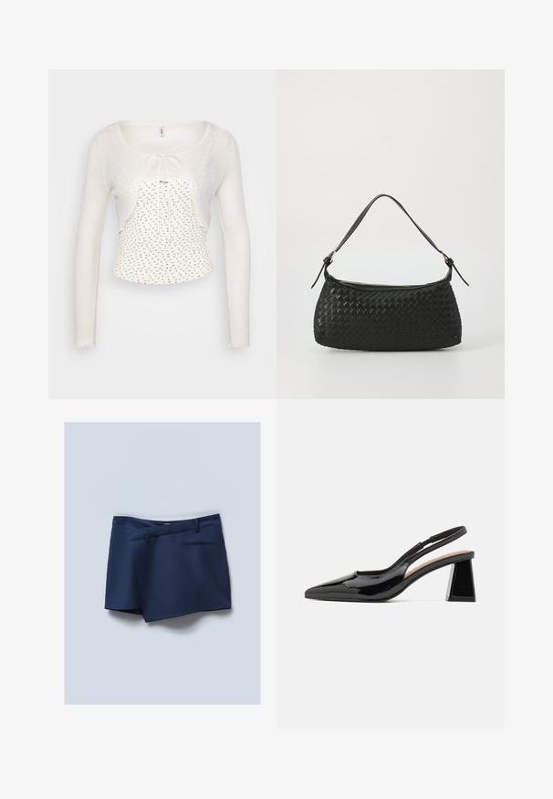 Biely, priehľadný kardigán s dlhými rukávmi a viazaním vpredu. Má ľahký, textúrovaný úplet a priliehavý tanktop s kvetinovým vzorom pod ním.; Námořnické modré šortky s plochým předním dílem, bočními kapsami a zadní kapsou. Hladká tkanina s upraveným vzhledem a šitými detaily.; Čierne lakované lodičky so špicatou špičkou, ktoré sú vybavené jedinečným geometrickým blokovým podpätkom a hladkou textúrou. Nastaviteľný remienok na podporu.; Čierna tkaná taška cez plece s hladkým koženým remienkom a zipsovým uzáverom. Disponuje štruktúrovaným povrchom a zakriveným tvarom.
