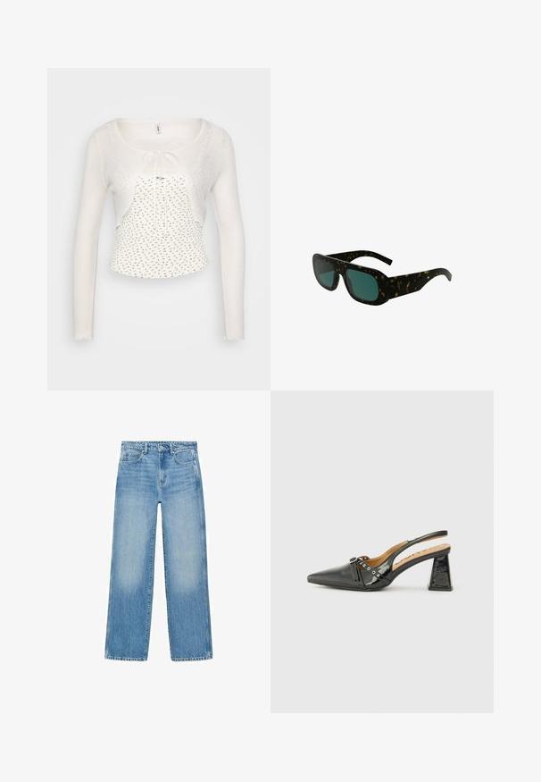 Cardigan alb, transparent, cu mâneci lungi și cu un sistem de legare în față. Include un tricot ușor, texturat și un top ajustat cu model floral dedesubt.; Jeans din denim de un albastru deschis, cu croi drept, design cu cinci buzunare și estompare subtilă. Prezintă un sistem de închidere cu buton și fermoar la talie.; Pantof de piele lacuita neagră, cu tocul ascuțit, toc triunghiular și curea decorativă cu accente argintii. Textură netedă.; Ochelari de soare din scoică cu lentile de un verde închis, rame dreptunghiulare largi și temple curbate, având un finisaj din plastic neted.