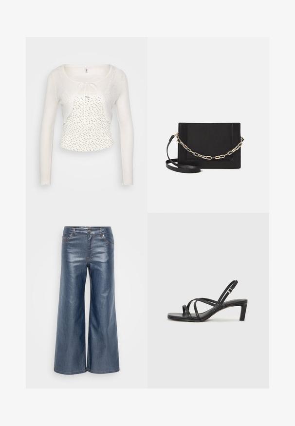 Hvit, luftig cardigan med lange ermer og knytefront. Har et lett, strukturert strikk og en tettsittende, blomstermønstret tank under.; Bredde ben denimbukser i mørkeblå, med en jevn tekstur, fem-lommen design og kontrasterende søm. Foran knapp og glidelås-lukking.; Sorte sandaler med stropper, firkantet tå og lav blokk hæl. Har flere tynne stropper og en justerbar ankelstropp. Laget av glatt lær.; Svart lær crossbody-veske med glatt tekstur, rektangulær form og metallkjede detaljer på framsiden. Justerbar stroppe inkludert.