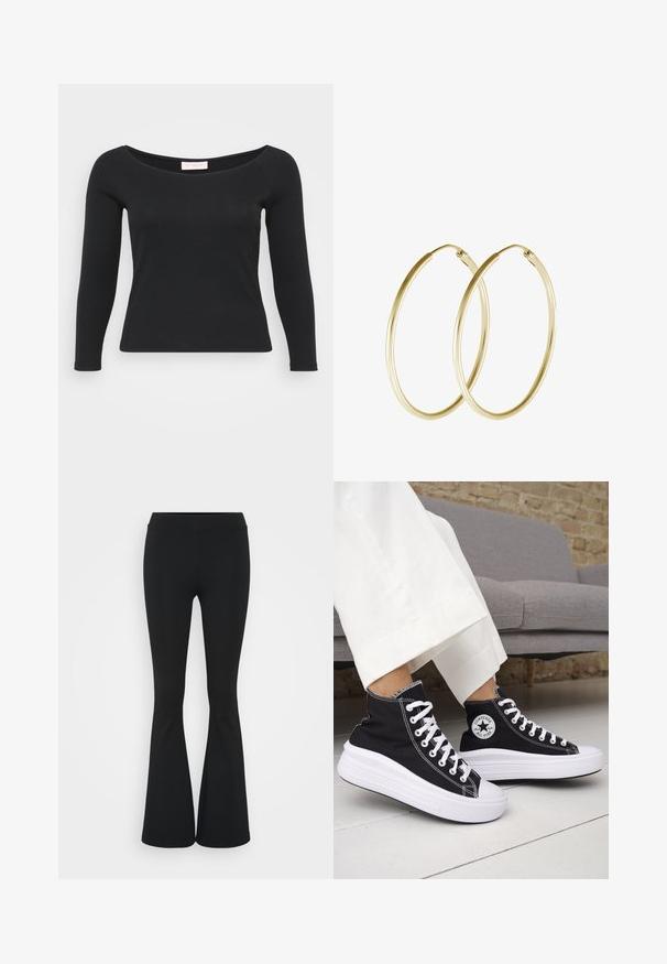 Juodas ilgomis rankovėmis viršus, pagamintas iš briaunuotos medžiagos, su plačiu apvaliu kaklu ir prigludusia siluetu.; Juodai platėjantys kelnių, pagamintų iš tamprių medžiagų, kurie turi aukštą juosmenį ir lygią tekstūrą. Kelnės platėja nuo kelio.; Juodi aukštakulniai sportbačiai su baltais guminiu padu ir raišteliais. Ant jų yra apvalus logotipo lopas ir kontrastingos baltos siūlės. Pagaminti iš drobės medžiagos.; Aukso auskarai žiedai su lygia, apvali forma ir blizgiu paviršiumi. Lengva konstrukcija su saugiu užsegimu.