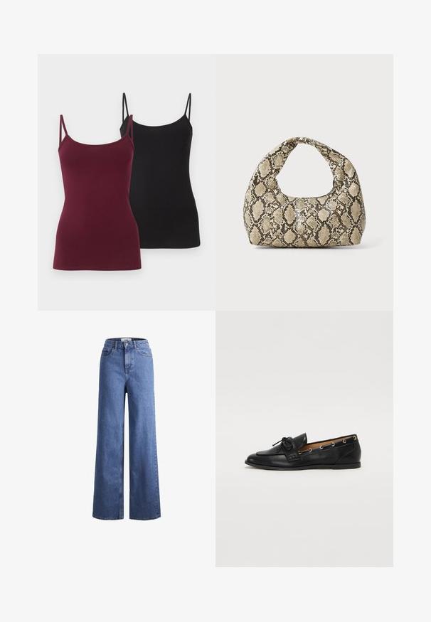 Two fitted camisole tops, one in deep burgundy and the other in black. Made of soft stretch fabric, featuring thin adjustable straps.; Light blue denim wide-leg jeans with a high waist, two front pockets, and visible stitching. Features a button and zipper closure.; Black leather loafers with a tied bow, featuring gold eyelet accents along the sides and a flat rubber sole. Smooth texture, classic design.; Snake-print handbag with a curved handle. Made from textured, beige and brown materials, featuring a distinctive diamond pattern.