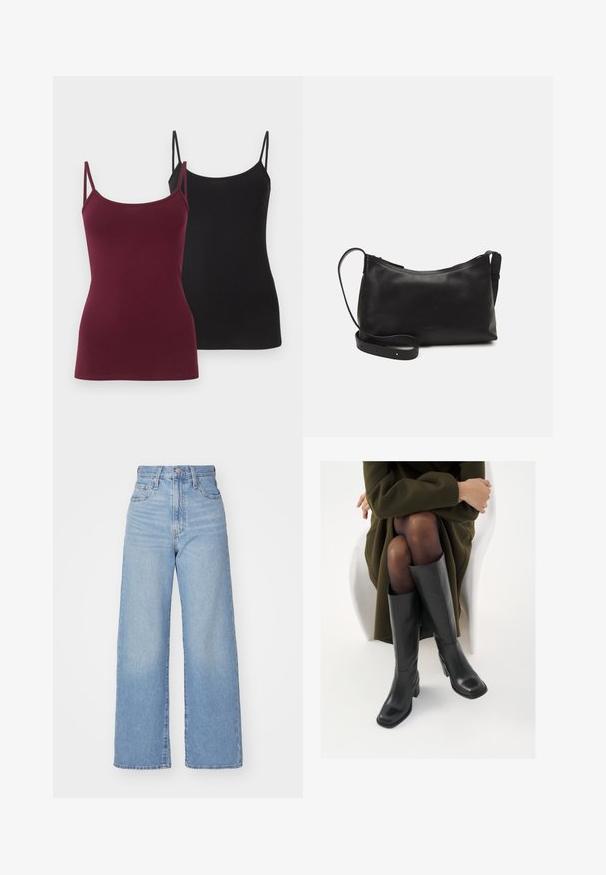 Zwei enganliegende Trägershirts, eines in tiefem Burgunderrot und das andere in Schwarz. Hergestellt aus weichem Stretchstoff und mit dünnen, verstellbaren Trägern.; Hellblaue High-Waist-Weite-Leg-Jeans mit Knopf- und Reißverschluss vorne, Vorder- und Rückentaschen, auf weißem Hintergrund.; Knöchelhöhe schwarze Lederstiefel mit quadrater Spitze und Blockabsatz, gezeigt mit einem Modell, das einen olivgrünen Mantel trägt. Glatte Textur, minimale Details.; Schwarze Ledertasche für die Schulter mit glatter Textur, geschwungener Form, verstellbarem Tragegurt und Reißverschluss. Minimalistisches Design ohne Verzierungen.
