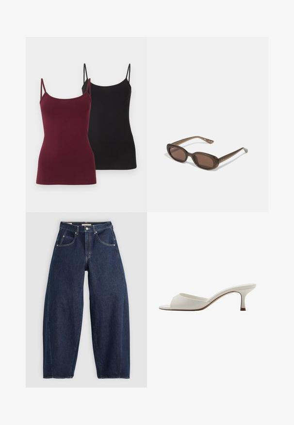 Dve priliehavé tielka, jedno v tmavej burgundskej farbe a druhé v čiernej. Vyrobené z mäkkej elastickej tkaniny, s tenkými nastaviteľnými ramienkami.; Tmavomodré džíny z denimu s voľným strihom, svetlým šitím, piatimi vreckami a zapínaním na gombík v páse.; Biele sandále na vysokom podpätku otvorené na špičke s hladkým povrchom, minimalistickým dizajnom a štíhlym podpätkom, s jemným hnedým akcentom na podrážke.; Hnedé oválne slnečné okuliare s tmavými sklami. Rám je vyrobený z priesvitného hnedého materiálu a na spánkoch má vytlačené logo.; Zelená kožená kabelka s hladkým povrchom, zakriveným tvarom a vrkočovou rúčkou. Obsahuje zipsový uzáver a nastaviteľný popruh.