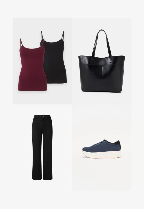 Divas divas topi, viens dziļi bordo krāsā un otrs melns. Izgatavoti no mīksta elastīga auduma, ar plānām regulējamām siksnām.; Melnas, augstā jostasvietā izstrādātas bikses ar taisnu kāju dizainu, izgatavotas no gludas kokvilnas auduma. Iekļauj priekšējās kabatas un vienkāršu metāla pogas aizdari.; Navy zilo apavi ar strukturētu auduma augšdaļu, baltu platformas zoli, noapaļotu pirkstu daļu un melnu papēža akcentu. Iekļautas sešas acs caurumi šnuķēšanai.; Melnas ādas iepirkumu soma ar divām garām rokturām, gludu tekstūru un strukturētu formu. Iekļauj priekšējo kabatu papildu uzglabāšanai.