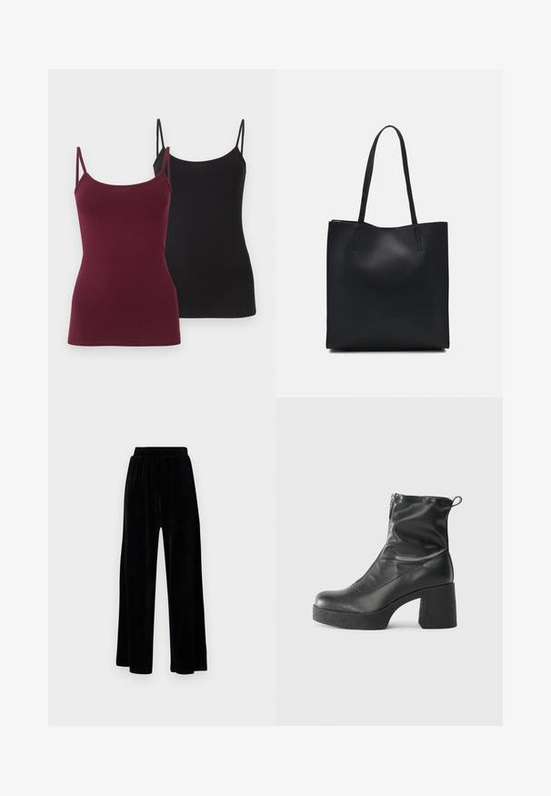 Zwei enganliegende Trägershirts, eines in tiefem Burgunderrot und das andere in Schwarz. Hergestellt aus weichem Stretchstoff und mit dünnen, verstellbaren Trägern.; Schwarze weit geschnittene Hose aus weichem Samt, mit einem elastischen Bund und einer glatten Textur, ohne sichtbare Details oder Muster.; Schwarze Stiefeletten aus glattem Leder mit seitlichem Reißverschluss, klobigem strukturiertem Absatz und runder Zehenform.; Schwarze Laptoptasche aus Leder mit glatter Textur, rechteckiger Form und zwei langen Griffen. Keine sichtbaren Beschläge oder Verzierungen.
