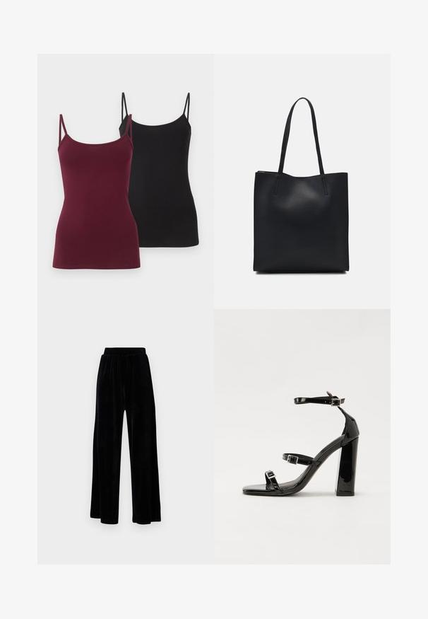 Două topuri cămașă ajustate, unul de culoare burgundă închisă și celălalt negru. Fabricate dintr-un material moale și elastic, având bretele subțiri ajustabile.; Pantaloni negri cu picioare largi, din catifea moale, prevăzuți cu un corset elastic și o textură fină, fără detalii sau modele vizibile.; Sandale cu toc din patent negru, cu vârf pătrat, curele la gleznă și catarame din argint. Dispune de un toc gros pentru stabilitate.; Geantă tote neagră din piele, cu textură netedă, formă rectangulară și două mânere lungi. Fără hardware vizibil sau ornamente.