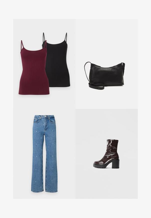 Két testhez simuló kamiszoló, az egyik mély burgundi, a másik fekete. Puha, rugalmas anyagból készült, vékony állítható pántokkal.; Kék, magas derekú, egyenes szabású farmernadrág, apró fehér virágmintákkal díszítve a szöveten.; Fényes bordó bokacsizma vastag fekete sarokkal, sima felülettel és egyszerű dizájnnal. Nincsenek látható zárak vagy minták.; Fekete bőr válltáska sima felülettel, ívelt formával, állítható pánttal és cipzáras záródással. Minimalista dizájn díszítmények nélkül.