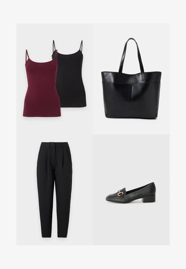 To fitted camisole toppe, en i dyb burgunder og den anden i sort. Lavet af blødt strækstof med tynde justerbare stropper.; Sorte bukser med lige pasform, der har præferencer foran, en glat tekstur og sidelommer. Taljen har standardhøjde.; Sorte læder loafers med flad hæl, der har en dekorativ guldhardwaredetalje foran og en glat overflade.; Sort læder tote taske med to lange håndtag, en glat tekstur og en struktureret form. Har en forlommem for ekstra opbevaring.