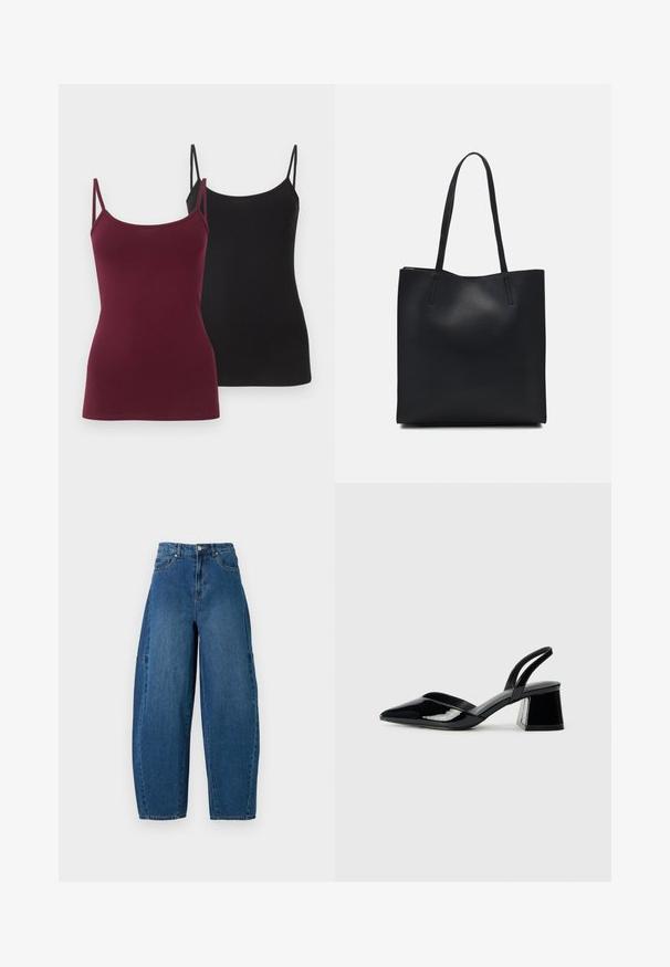 Deux débardeurs ajustés, l'un en bordeaux profond et l'autre en noir. Fabriqués en tissu extensible doux, avec de fines bretelles réglables.; Jean en denim de teinte bleu moyen, présentant une taille haute, une coupe large et un design standard à cinq poches avec des détails de coutures visibles.; Escarpins en cuir verni noir avec bout pointu et talon bloc géométrique. Présente un design élégant et minimaliste ainsi qu'une texture lisse.; Sac fourre-tout en cuir noir avec une texture lisse, de forme rectangulaire et deux longues poignées. Pas de matériel ou d'ornementations visibles.