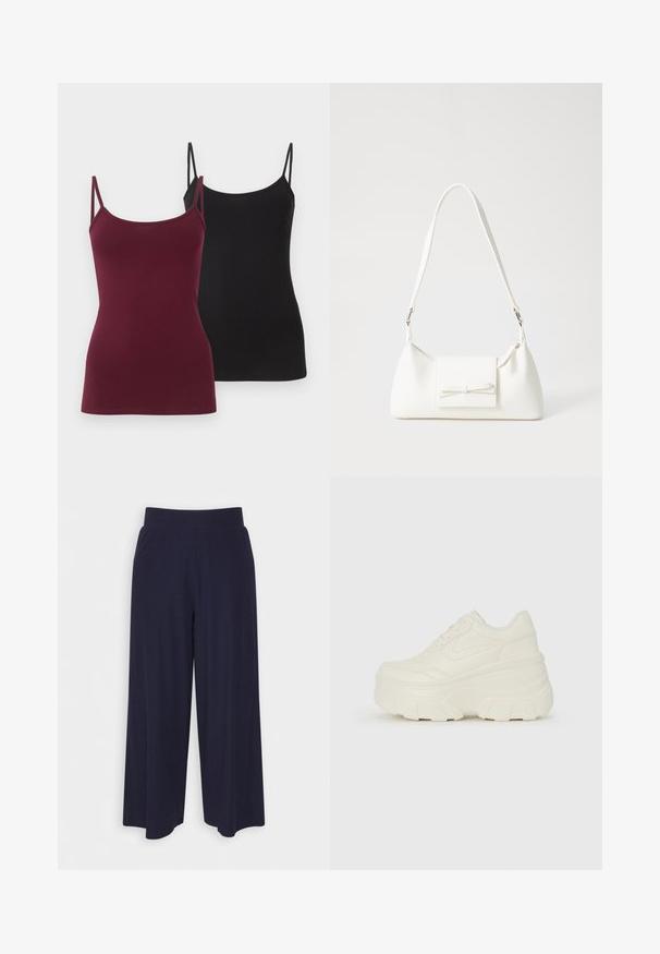 Two fitted camisole tops, one in deep burgundy and the other in black. Made of soft stretch fabric, featuring thin adjustable straps.; Wide-leg trousers in dark navy fabric with a ribbed texture. Features a smooth waistband and a flowy silhouette, reaching mid-calf length.; White platform sneakers featuring a smooth leather-like upper, rounded shape, padded collar, and textured rubber sole with defined treads.; White synthetic handbag with a triangular shape, flat front flap and bow detail, adjustable strap, smooth texture, and minimalistic design.