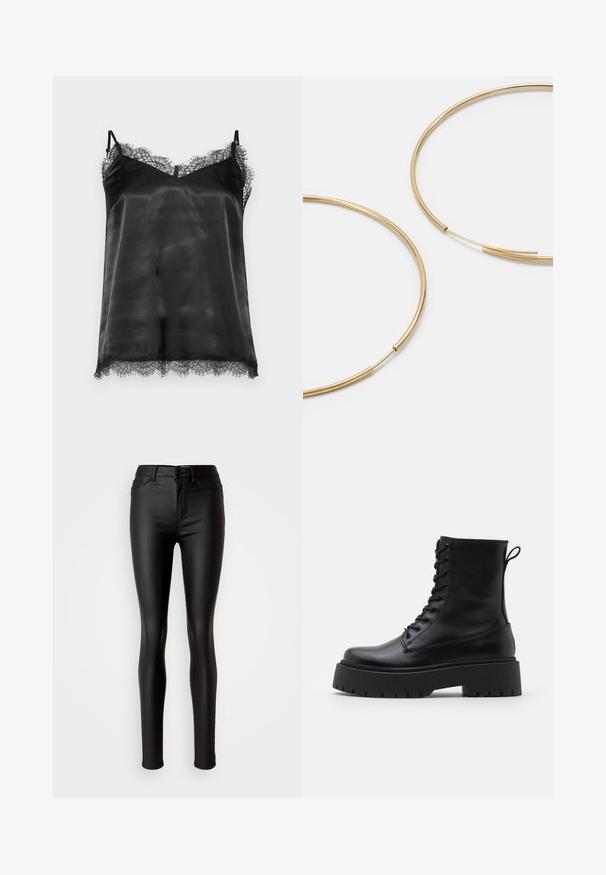 Čierny saténový top s čipkovým lemom pozdĺž výstrihu a lemu. Má tenké nastaviteľné ramienka a jemnú, hladkú textúru.; Čierne skinny jeans z umelého kože s hladkou textúrou, vysokým pásom, zapínaním na gombík a tradičným päťvreckovým dizajnom.; Čierne kožené členkové topánky s okrúhlou špičkou, šnurovaním vpredu a hrubou gumovou podrážkou s textúrovaným vzorom. Sťahovací pútko na zadnej strane.; Zlaté kruhové náušnice, tenké a okrúhleho tvaru, s hladkým kovovým povrchom a bez ozdôb alebo vzorov.