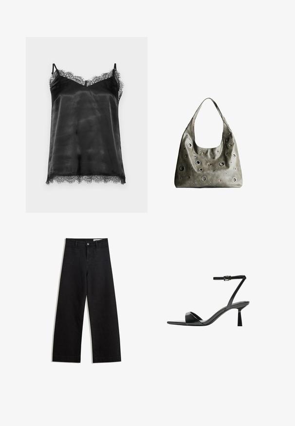 Camisole din satin negru cu dantelă pe de-a lungul decolteului și tivului. Dispune de bretele subțiri ajustabile și o textură moale, netedă.; Pantaloni din denim negri cu picioare largi, cu talie înaltă, având buzunare frontale și posterioare, cusături dublate și închidere cu nasture. Textură netedă.; Bershka Sandale cu toc - black; Geantă din piele de culoare verde măslin, cu un design relaxat, având decupaje circulare de diverse dimensiuni și accente în nuanțe mai închise și mai clare.