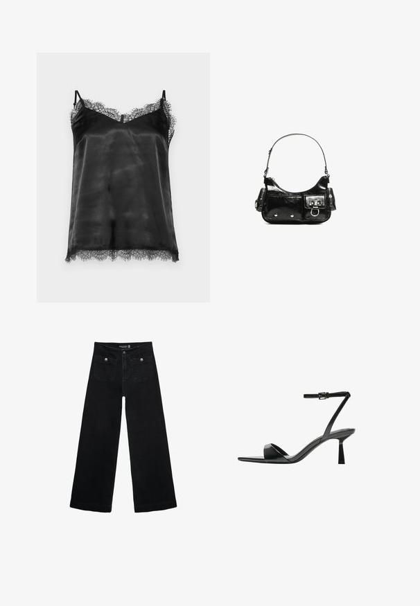 Čierny saténový top s čipkovým lemom pozdĺž výstrihu a lemu. Má tenké nastaviteľné ramienka a jemnú, hladkú textúru.; Čierne široké nohavice s vysokým pásom, s dvoma prednými vreckami a kovovými detailmi na gombíku. Tkanina má hladkú textúru.; Bershka Sandále na vysokom opätku - black; Čierna laková kožená kabelka s ohnutým tvarom, jedným ramenným popruhom, prednými vreckami a striebornými kovovými doplnkami.