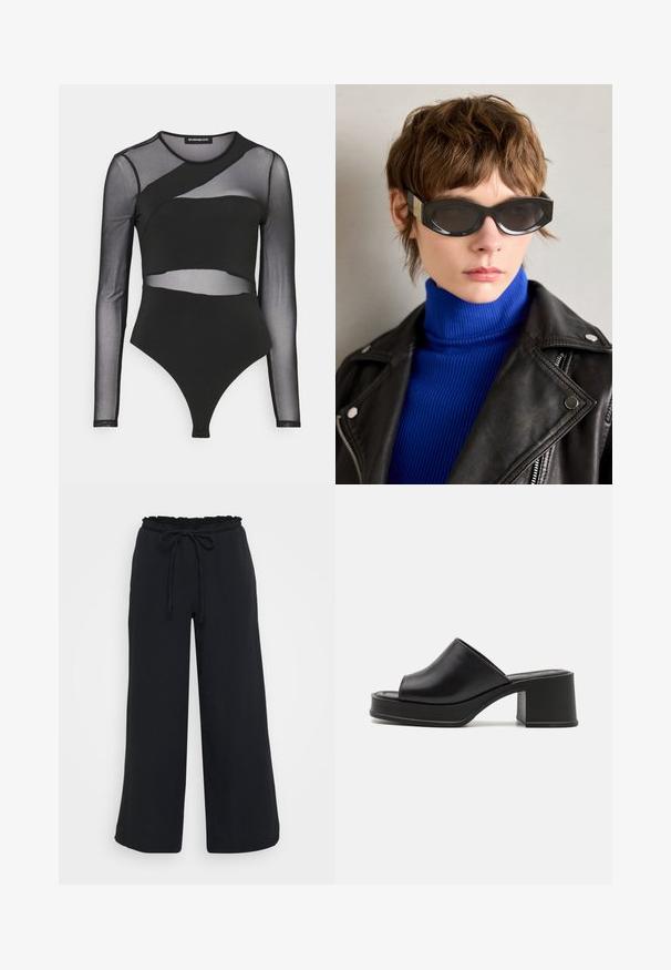 Must musta, millel on pikad läbipaistvad varrukad, vormitud disain kihilise võrkmaterjaliga ja tanga lõige allosas.; Mustad laiad püksid tekstuurses viimistluses, elastne vöökoht volangidega ja reguleeritav nöör.; Mustast nahast platvormi mulli, ümar avatud varvas, madal plokktald ja sile tekstuur. Minimalistlik disain koos sujuvate joontega.; Mustad prillid ümarate servadega ja tumedate läätsedega. Rikkalikud kuldsed aksessuaarid templites. Kandmisel sinine soonikkoes turvavöö ja nahkjope.