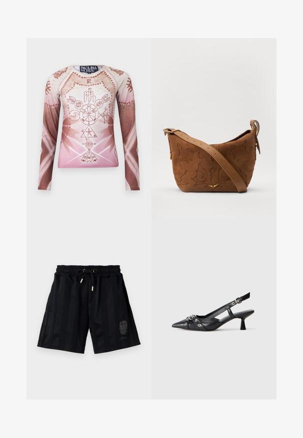 Camicia a maniche lunghe in sfumature di rosa chiaro e marrone, con intricate grafiche geometriche e floreali, realizzata in tessuto morbido.; Shorts sportivi neri con vita elasticizzata e cordino, caratterizzati da righe orizzontali e un'emblema sottile sulla gamba sinistra.; Scarpa slingback nera in pelle con punta affusolata, cinturini decorativi con occhielli metallici e tacco basso a blocco. Superficie testurizzata.; Borsa a spalla in suede marrone con design floreale impresso, completata da una morbida tracolla in pelle marrone e dettagli in metallo dorato.