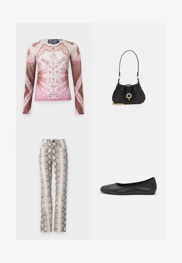 Pitkähihaista paitaa vaaleanpunaisen ja ruskean sävyissä, jossa on monimutkaisia geometrisia ja kukkakuoseja. Paita on valmistettu sileästä kankaasta.; Harmaa ja beige käärmeennahkakuosiset housut. Suora lahjamalli, jossa on tekstuuri ja etutaskut. Varustettu napin sulkemisella.; Musta nahkainen ballerina, jossa on pyöristetty kärki, sileä pinta, minimaalinen ommelkoristelu ja joustava pohjamuotoilu.; sandro JANET - Käsilaukku - noir