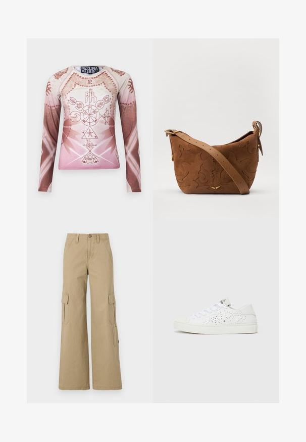 Long-sleeve shirt in gradient shades of light pink and brown, featuring intricate geometric and floral graphics, made of smooth fabric.; Beige cargo pants with wide legs, featuring two side flap pockets, a button closure, and a smooth cotton fabric.; White low-top sneakers with perforated design, flat laces, and a textured rubber sole. Features a minimalistic style and soft finish.; Brown suede shoulder bag with embossed floral design, complemented by a smooth brown leather strap and gold-tone hardware accent.