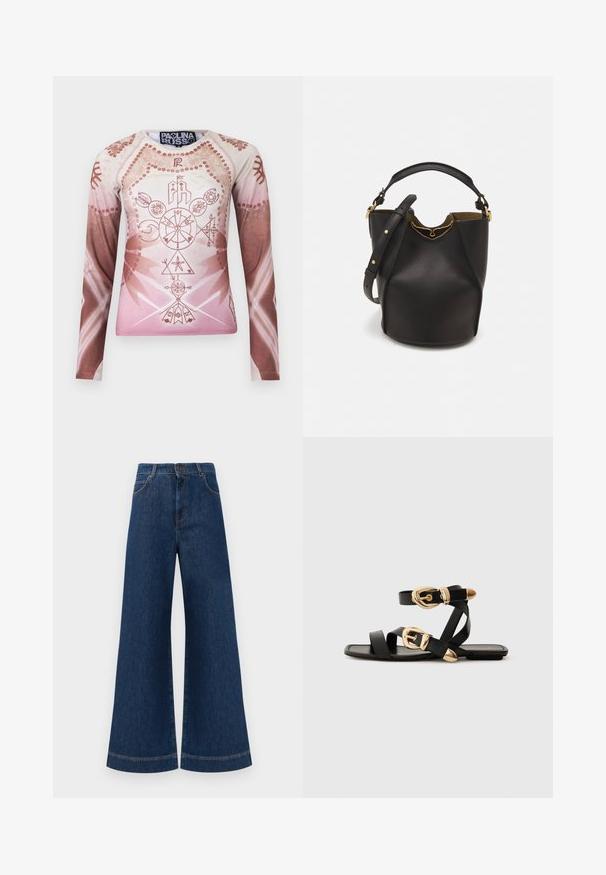 Long-sleeve shirt in gradient shades of light pink and brown, featuring intricate geometric and floral graphics, made of smooth fabric.; Wide-leg blue denim jeans with a high waist, featuring a button closure, belt loops, and subtle stitching details along the pockets and hems.; Black leather sandals with gold buckle accents, featuring multiple straps and a flat sole design for open-toe wear.; Black leather bucket bag with a textured finish, gold hardware accents, and an open top. Features a short handle and adjustable shoulder strap.