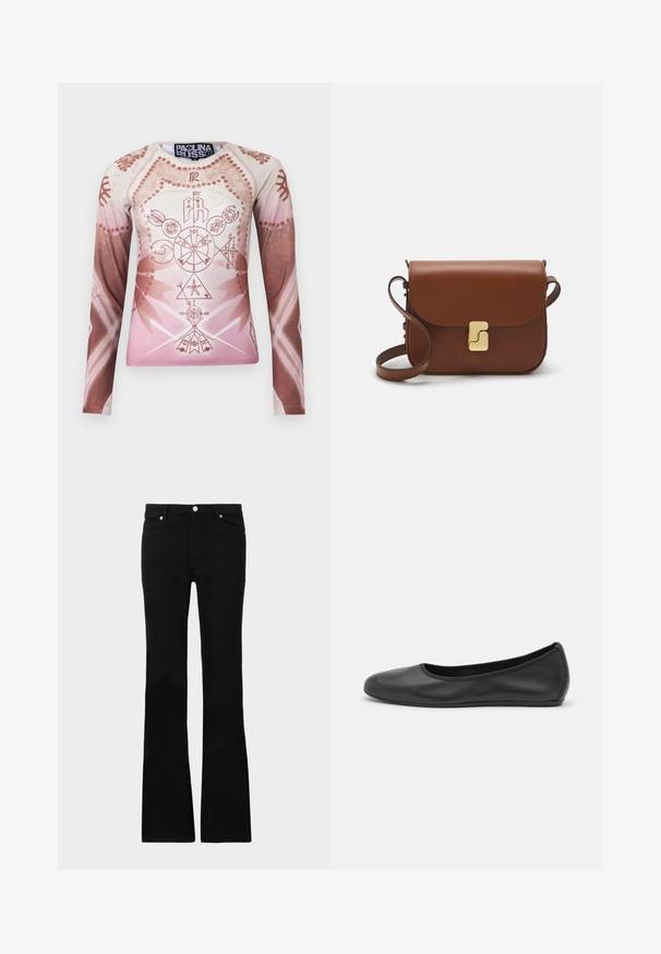 Langärmliges Hemd in einem Farbverlauf von zartem Rosa bis Braun, mit komplexen geometrischen und floralen Grafiken, aus glattem Stoff gefertigt.; Schwarze, ausgestellte Jeans aus Denim, ausgestattet mit zwei Fronttaschen, einem Knopfverschluss und einer glatten Oberfläche. Signatur-Nähte an den Nähten sichtbar.; Schwarze Leder-Ballettschuhe mit abgerundeter Spitze, glatter Textur, minimalen Nähdetails und einem flexiblen Sohlen-Design.; Braune Ledertasche mit Klappenverschluss, Beschlägen in Goldfarbe, einem Schultergurt und einer glatten Oberfläche. Kompakte rechteckige Form.