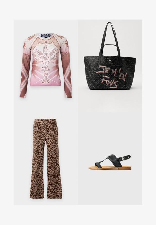 Langärmliges Hemd in einem Farbverlauf von zartem Rosa bis Braun, mit komplexen geometrischen und floralen Grafiken, aus glattem Stoff gefertigt.; Beige und schwarze weit geschnittene Hosen mit Leopardenmuster, die eine glatte Textur und einen schmal zulaufenden Saum aufweisen. Design mit standardmäßiger Taille und Taschen.; Schwarze Ledersandale mit verstellbarem Schnallenverschluss, flacher sandfarbener Sohle und zwei breiten Riemen, die über den Fuß laufen, minimalistisches Design.; Schwarze Tote-Bag aus strukturiertem Material mit Rautenmuster, Schulterriemen und auffälligem roten und weißen Text "JE M'EN FOUS."