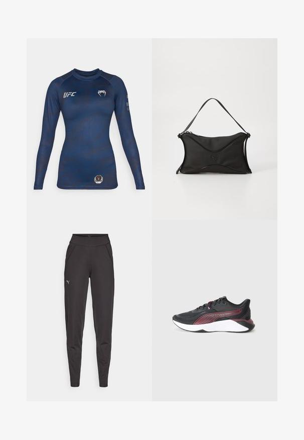 Jūras spēku garām piedurknēm jūras sporta T-krekls, izgatavots no gluda auduma, ar smalku rakstu, UFC logo uz krūtīm un astoņstūra uzlīmi jostas vietā.; Melni sporta legingi, izgatavoti no elastīgas auduma, ar augstu jostasvietu, sānu kabatām un mazu atstarojošu logotipu uz kreisā augšstilba.; Melnas sporta kurpes ar teksturētu acs augšdaļu, bordo akcentiem, mīkstu baltu starpvienību un rakstainu sānu dizainu.; Melnā rokassoma ar mīkstu, teksturētu materiālu. Izceļas ar viļņotu dizainu, vienu plecu siksnu un smalku logo detaļu priekšpusē.