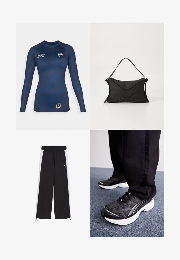 Rash guard a maniche lunghe blu navy realizzato in tessuto morbido, con un motivo sottile, logo UFC sul petto e una toppa ottagonale in vita.; Pantaloni sportivi neri con strisce laterali bianche, vita elastica e dettaglio con cordoncino all'orlo. Presenta un piccolo logo bianco.; Scarpe sportive nere con tessuto in rete, suola bianca e accenti neri. Il battistrada è testurizzato. Indossate con pantaloni neri su una superficie in moquette blu.; Borsa nera con un materiale morbido e texturizzato. Presenta un design ondulato, una sola tracolla e un discreto dettaglio del logo sulla parte anteriore.