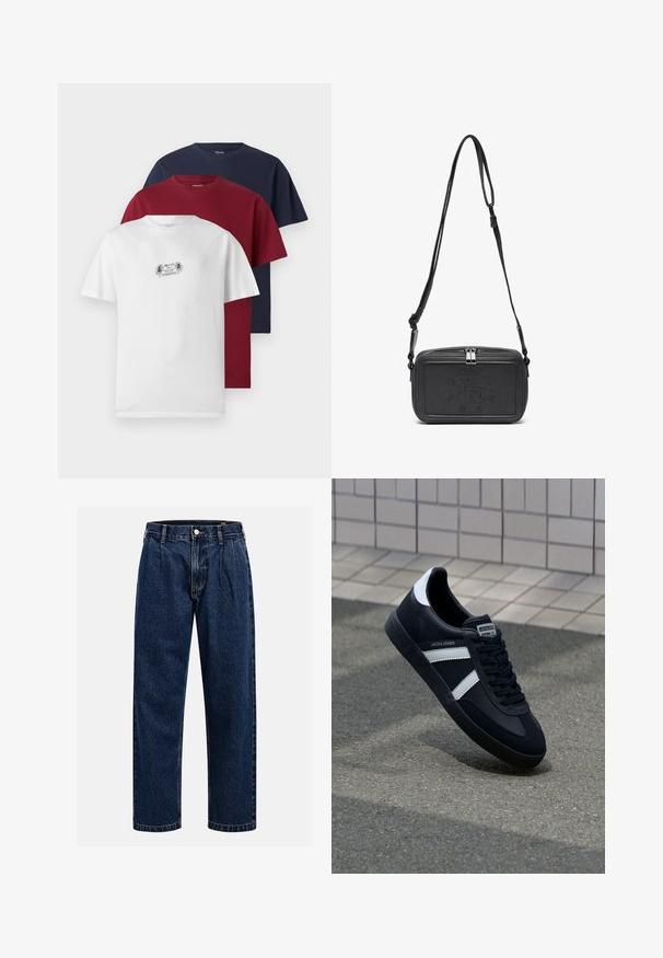 Tres camisetas de manga corta en blanco, burdeos y azul marino. Cada una presenta un cuello redondo y un tejido de algodón suave, siendo la camiseta blanca la que muestra un pequeño gráfico.; Jeans de mezclilla azul oscuro con un diseño de pierna recta. Presentan costura visible, cierre de botón y pliegues frontales para un detalle adicional.; Zapatilla de cuero negra con rayas blancas, suela de goma texturizada y parte frontal con cordones. Cuenta con una etiqueta de marca en la lengüeta.; Bolso cruzado de piel negra con cierre de cremallera, logotipo embossing en el frente y correa ajustable. Textura suave con forma rectangular.